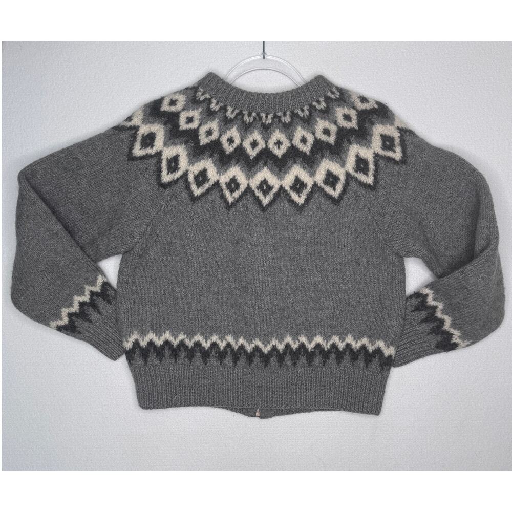 Vintage 1990s L.L.Bean Gray Fair Isle Nordic 100% Wool Zip Cardigan Sweater M - Picture 2 of 15